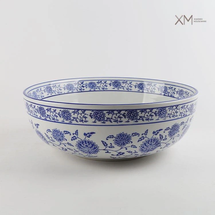 Vintage Floral 12 Inch Salad Ceramic Bowl Underglaze Colour Blue And White Porcelain